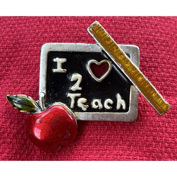 Estate Jewelry - Vintage Lucite Over Enamel "I Love To Teach" Brooch Pin w/Apple Blackboard Ruler